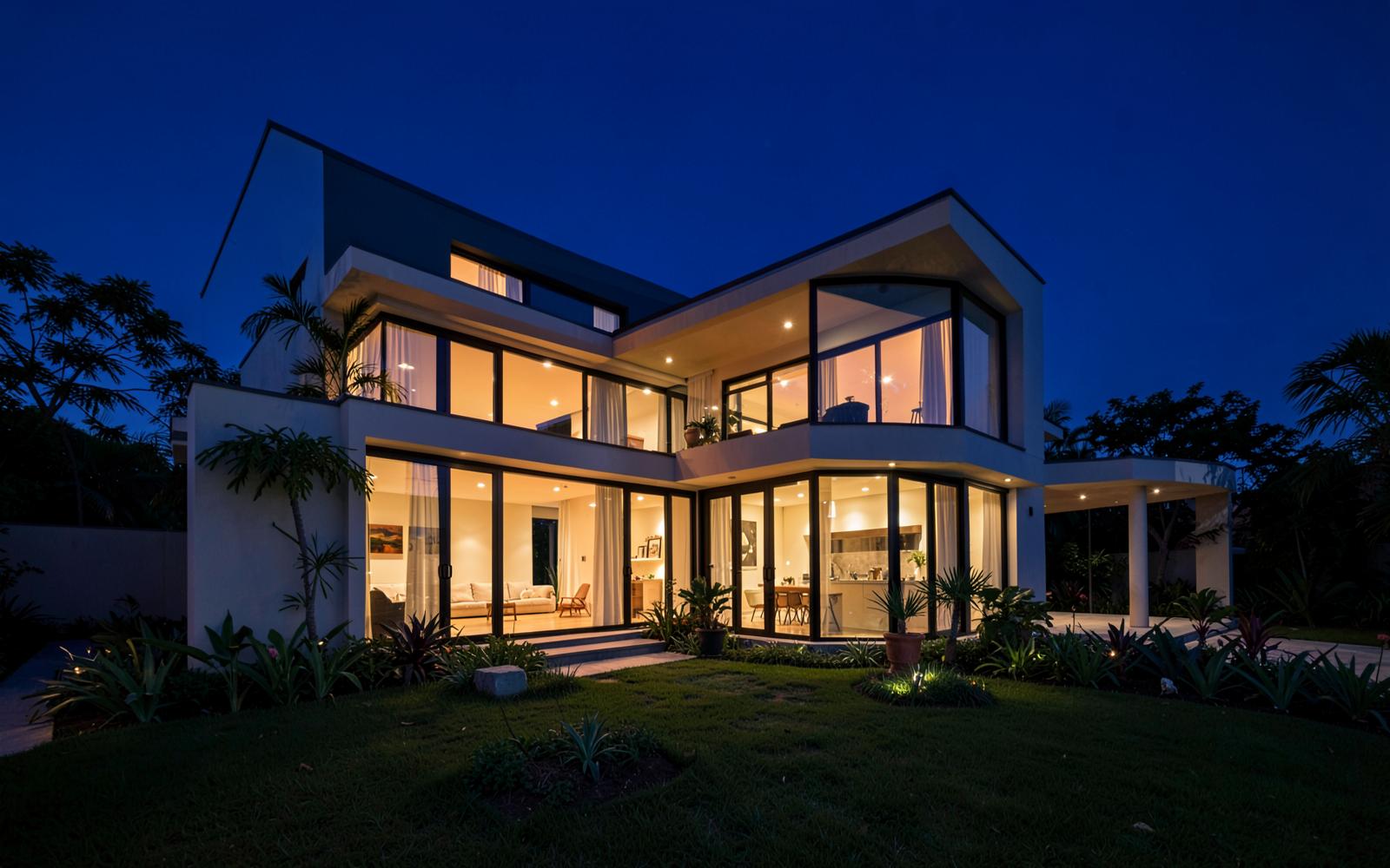 Casa moderna iluminada ao entardecer, à venda